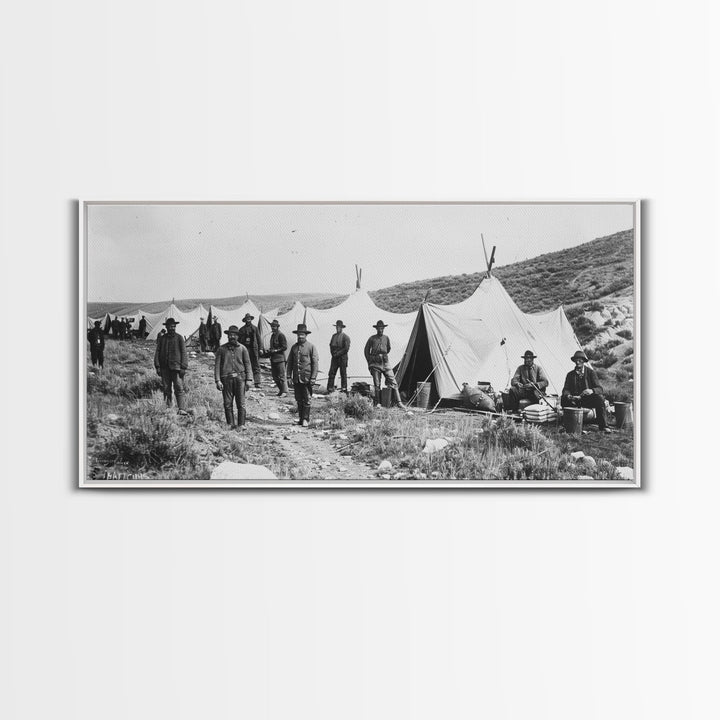 Military Camp with Tents and Soldiers, Farmhouse Style Framed Canvas Print for Historical Home Decor, Living Room Wall Art, Vintage Scene