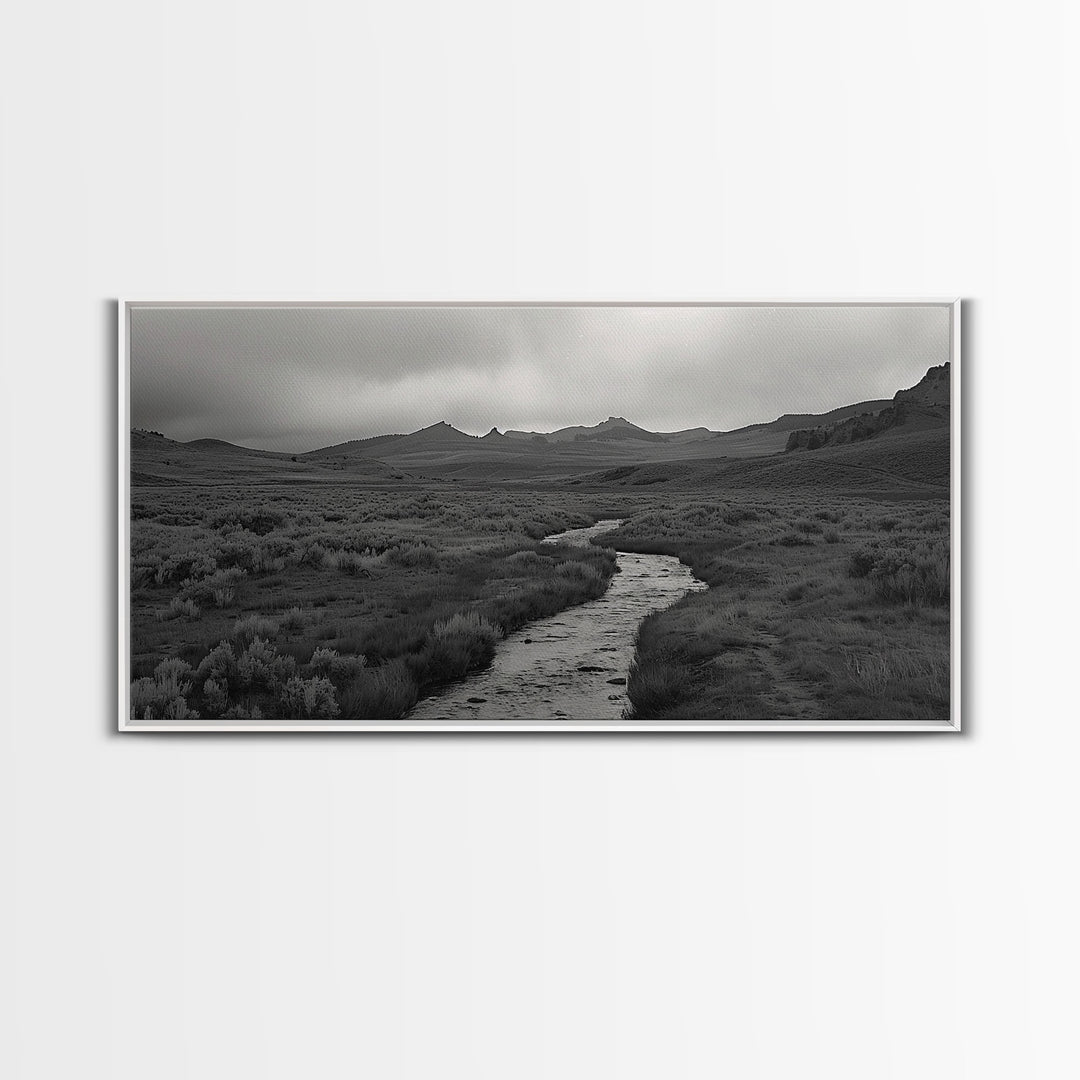 River and Rolling Hills Under Cloudy Sky, Black and White Framed Canvas Print Rustic Farmhouse Living Room Decor, Landscape Art, Home Decor