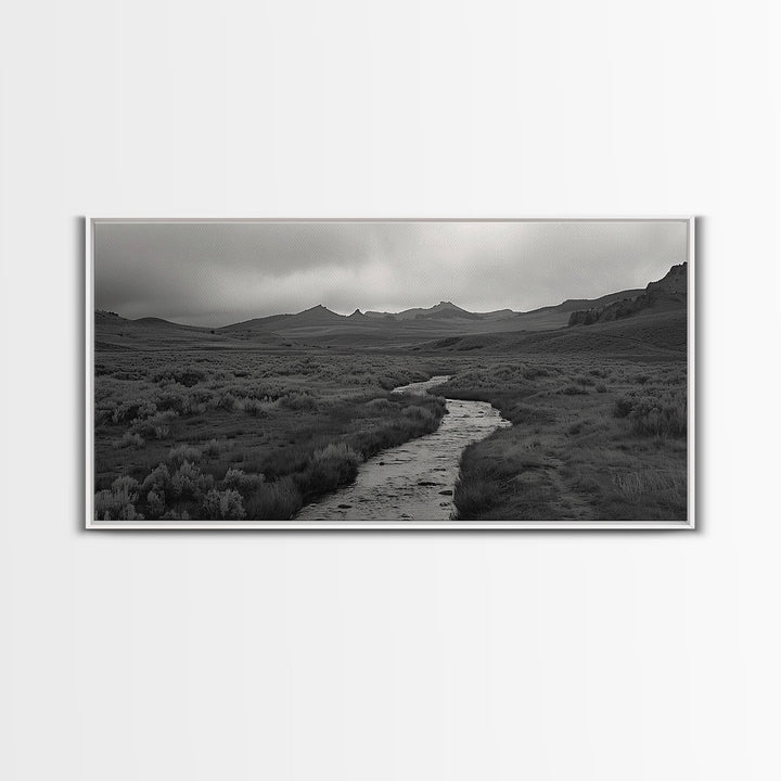 River and Rolling Hills Under Cloudy Sky, Black and White Framed Canvas Print Rustic Farmhouse Living Room Decor, Landscape Art, Home Decor