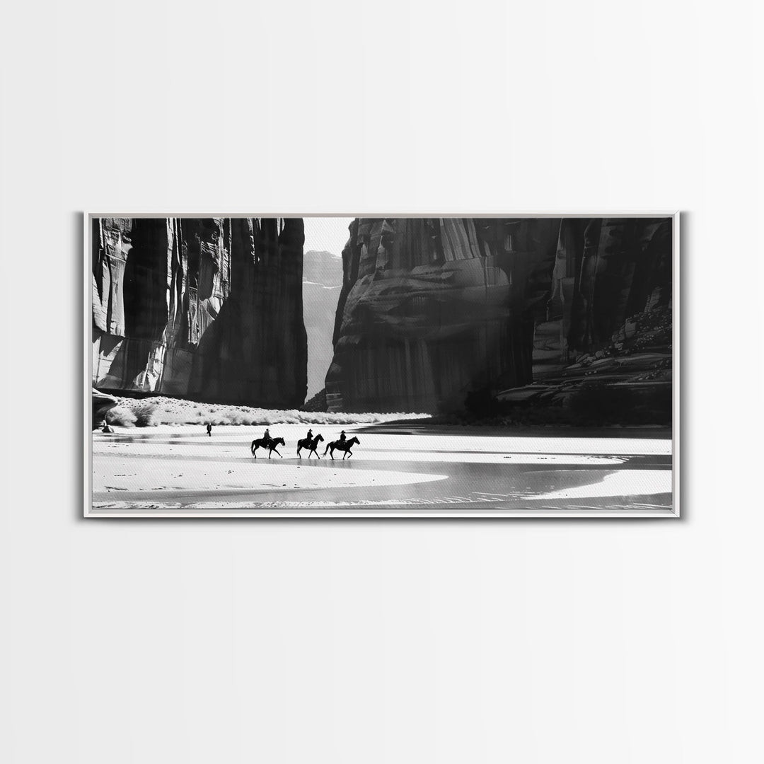 Cowboys Riding in Dusty Canyon, Striking Wall Art for Living Room or Bedroom, Framed Canvas Print, Home Decoration