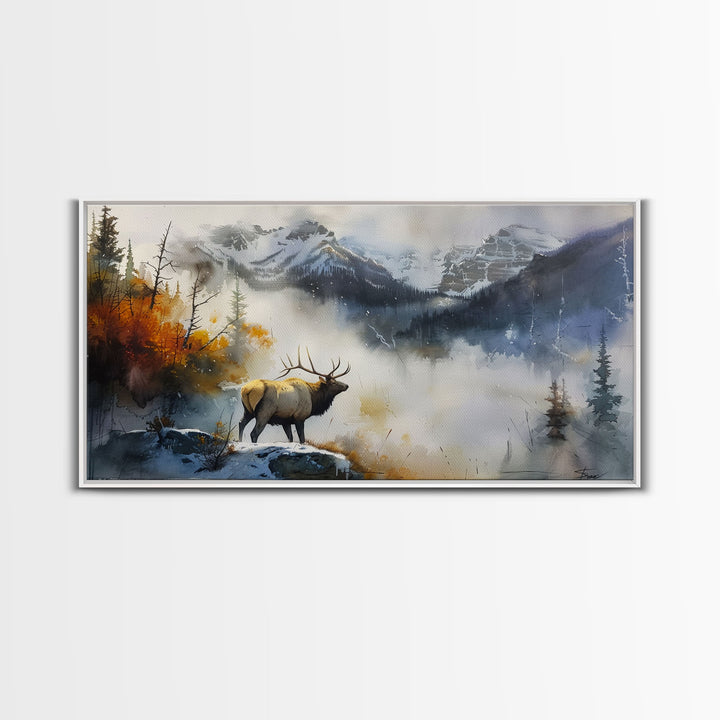 Majestic Elk in Misty Mountains, Framed Canvas Print, Perfect for Living Room Art, Rustic Bedroom Decor, Nature Wall Art, Wildlife Scene