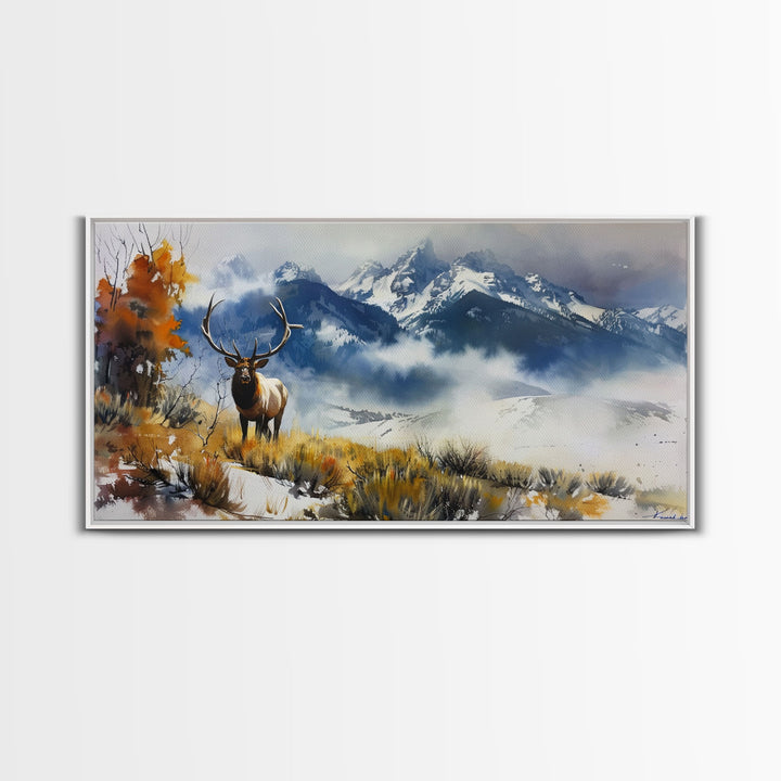 Majestic Elk in Mountain Landscape with Fall Foliage, Stunning Framed Canvas Print, Living Room Art, Rustic Bedroom Decor, Wall Art