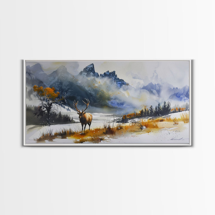 Majestic Elk in Snowy Mountain Scene, Beautiful Framed Canvas Print,for Living Room Art Rustic Bedroom Decor Nature Wall Art, Wildlife Scene