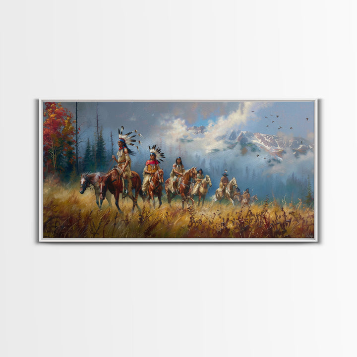 Native American Warriors on Horseback in Autumn Forest, Perfect Wall Art, Framed Canvas Print Living Room or Bedroom Decor, Historical Art