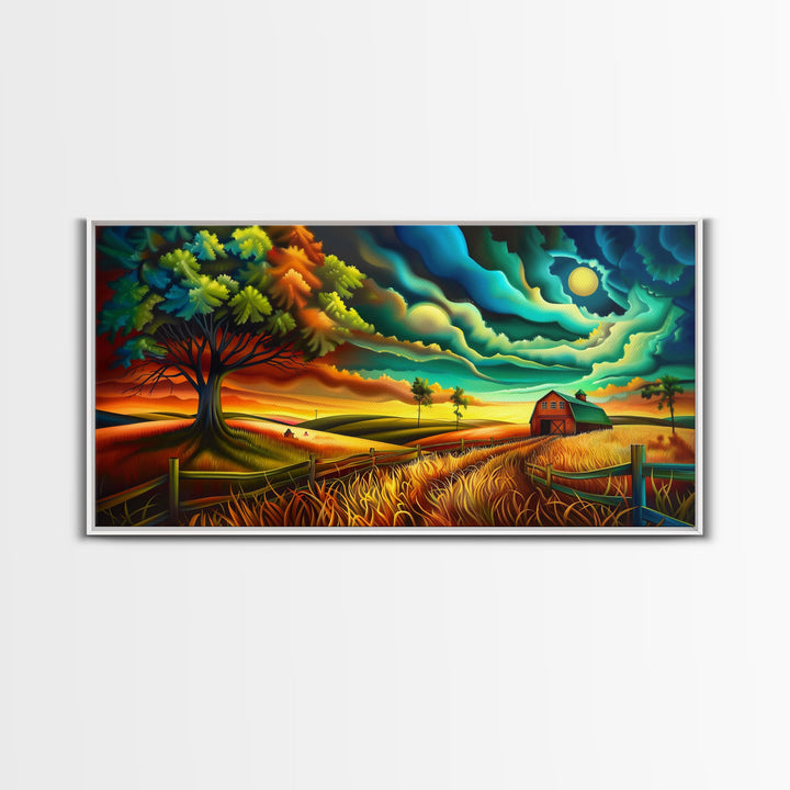 Vivid Abstract Farm Landscape with Dramatic Sky, Perfect Wall Art, Framed Canvas Print for Living Room or Bedroom Decor, Colorful Nature Art
