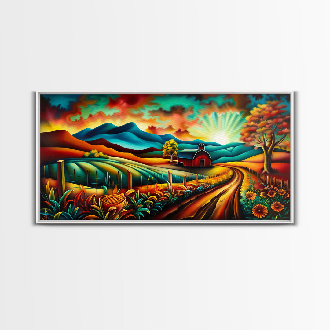 Colorful Farm Scene with Sunrise Over Mountains, Perfect Wall Art, Framed Canvas Print for Living Room or Bedroom Decor, Vibrant Nature Art