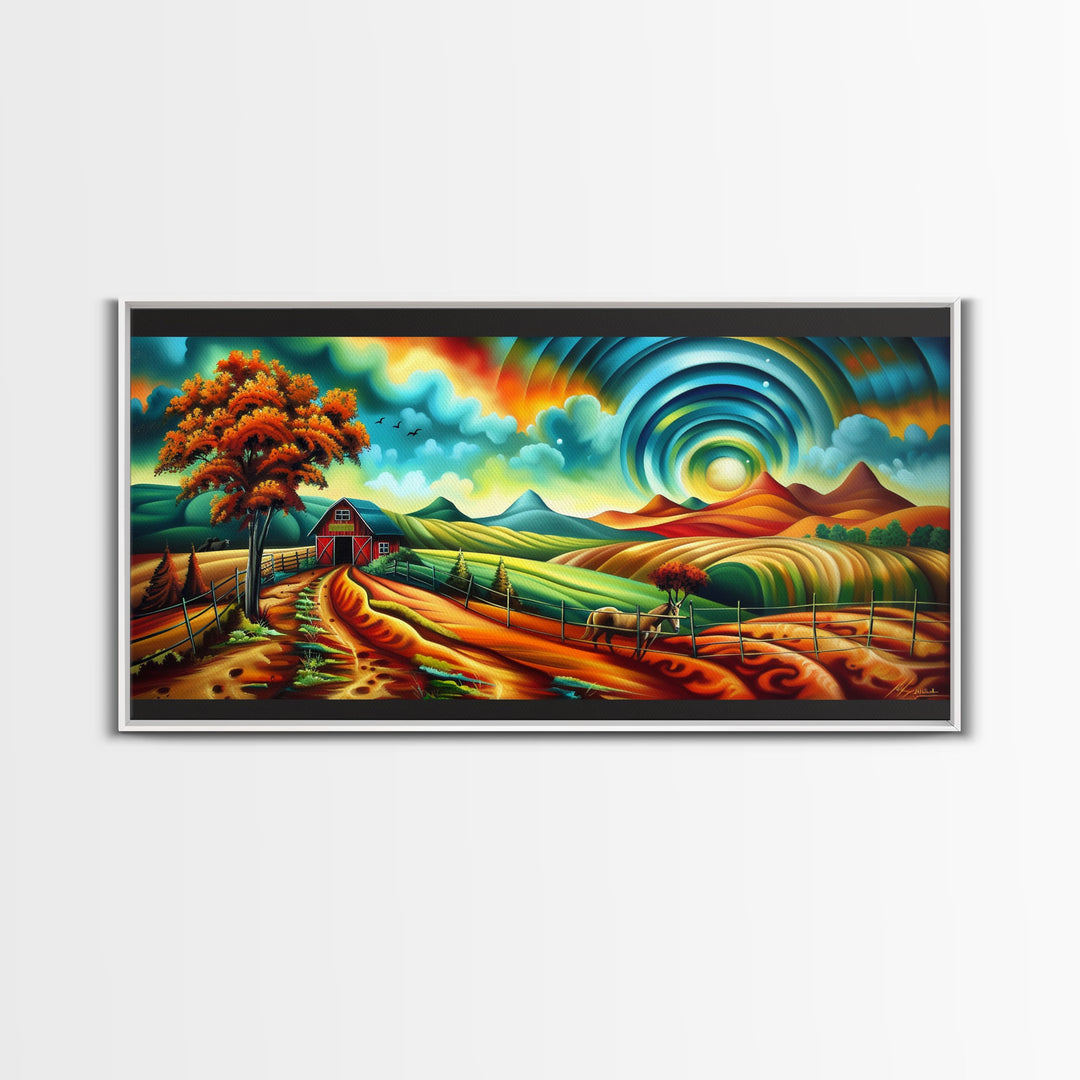 Colorful Abstract Farm Landscape with Rolling Hills, Perfect Wall Art, Framed Canvas Print Living Room or Bedroom Decor, Vibrant Nature Art