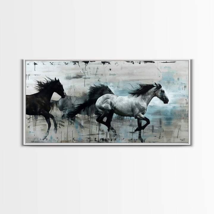 Black and White Horses Running in Abstract Landscape, Ideal Wall Art, Framed Canvas Print for Living Room or Bedroom Decor, Colorful Art
