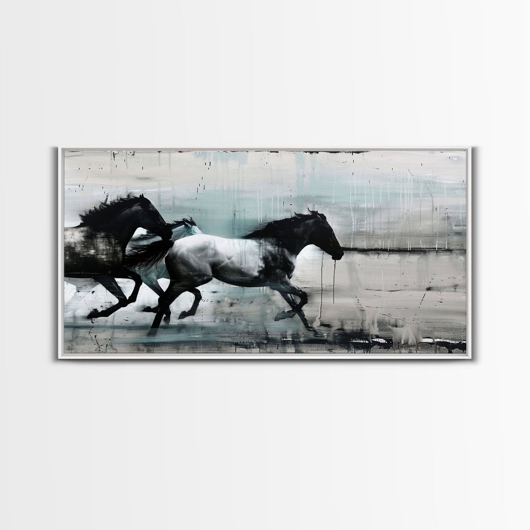 Colorful Abstract Horses Running, Black and White Wall Art, Framed Canvas Print for Living Room or Bedroom Decor, Equestrian Art