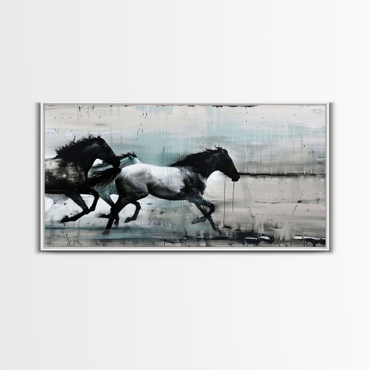 Colorful Abstract Horses Running, Black and White Wall Art, Framed Canvas Print for Living Room or Bedroom Decor, Equestrian Art