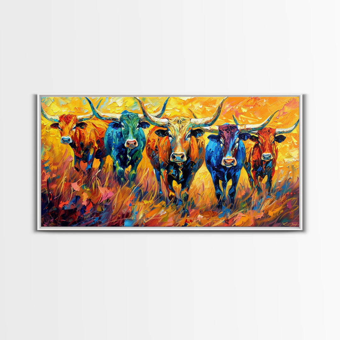 Colorful Herd of Cattle, Ideal for Living Room Art, Framed Canvas Print, Bedroom Decor, Home Decoration, Rustic Farmhouse Art