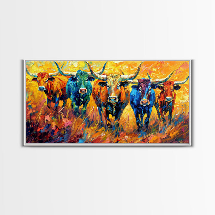 Colorful Herd of Cattle, Ideal for Living Room Art, Framed Canvas Print, Bedroom Decor, Home Decoration, Rustic Farmhouse Art