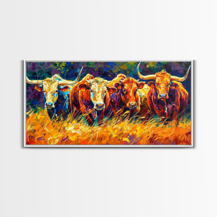 Bold and Colorful Bull Portrait, Perfect for Living Room Art, Framed Canvas Print, Bedroom Decor, Home Decoration, Vibrant Animal Art