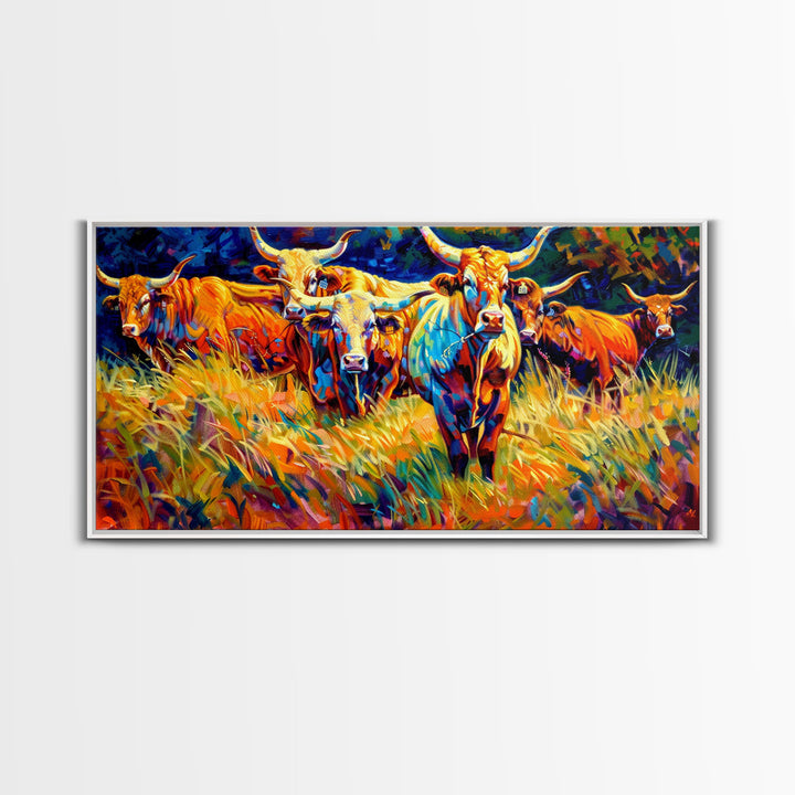 Beautiful Herd of Cattle in Colorful Style, Living Room Art, Framed Canvas Print, Bedroom Decor, Home Decoration, Artistic Farmhouse Decor