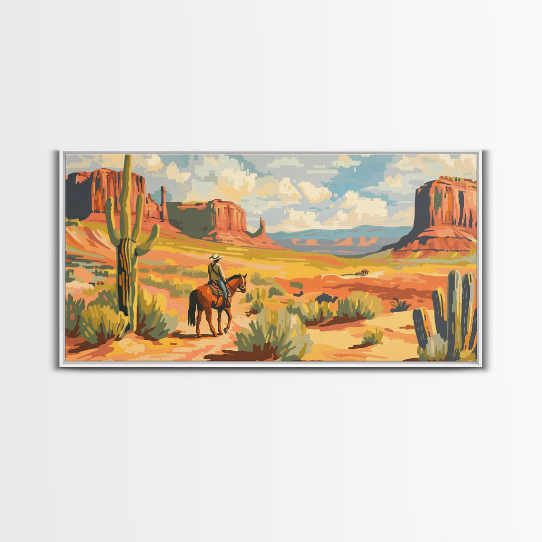 Cowboy in Desert Valley, Framed Canvas Print for Rustic Living Room Decor, Western Art for Home and Bedroom Decoration