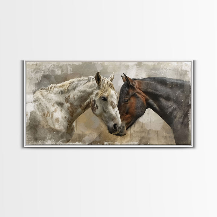 Horse Pair in Artistic Setting, Framed Canvas Print for Elegant Living Room Decor, Equine Art for Home and Bedroom Decoration