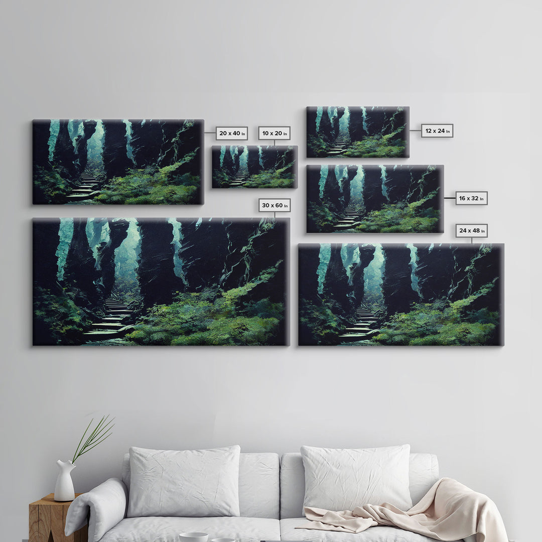Fantasy Forest with Temple Steps, Wall Decor, Ready To Hang Framed Canvas Print, Oversize Wall Art