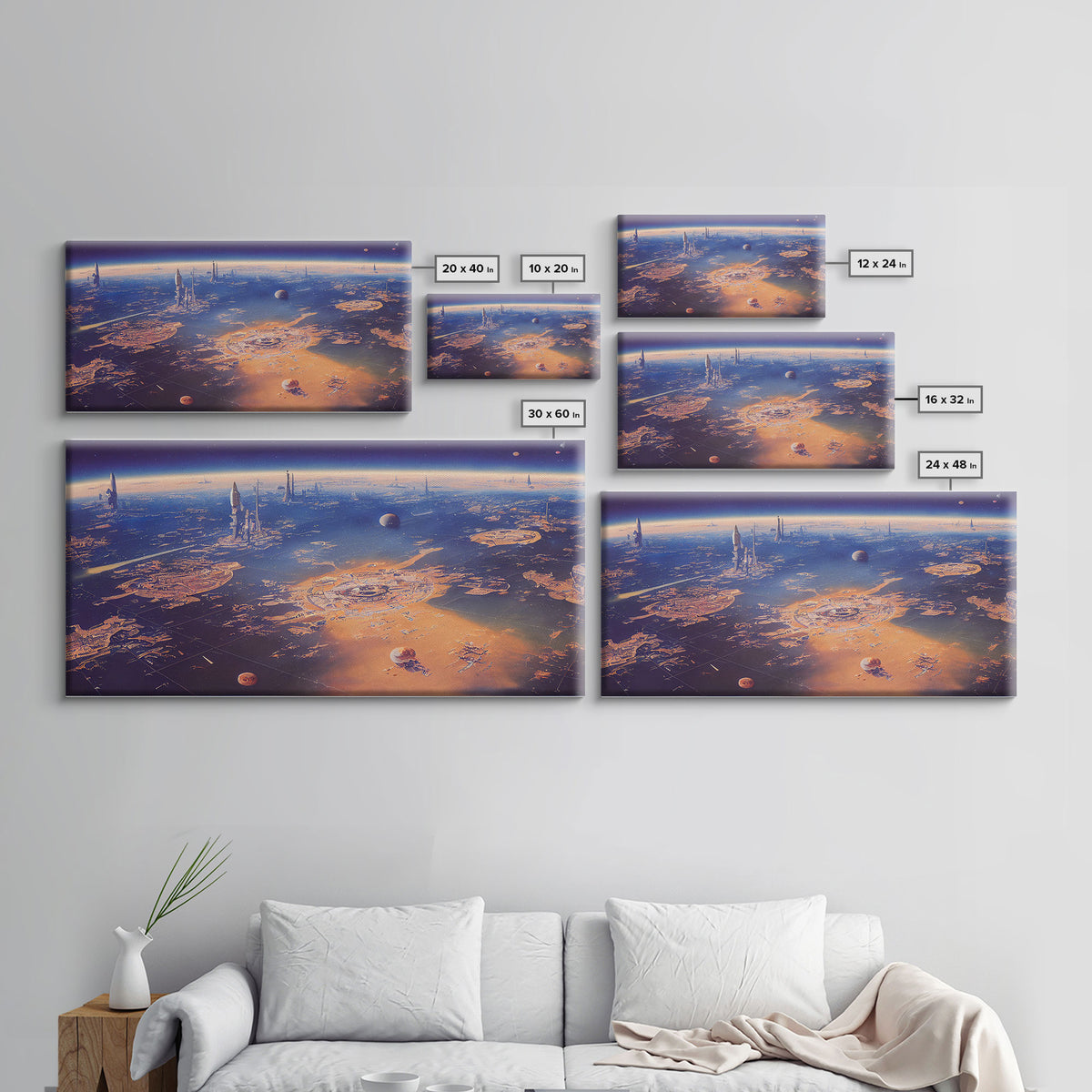 Bird's eye view of a futuristic city-planet, cool scifi art, framed canvas print, ready to hang framed wall art
