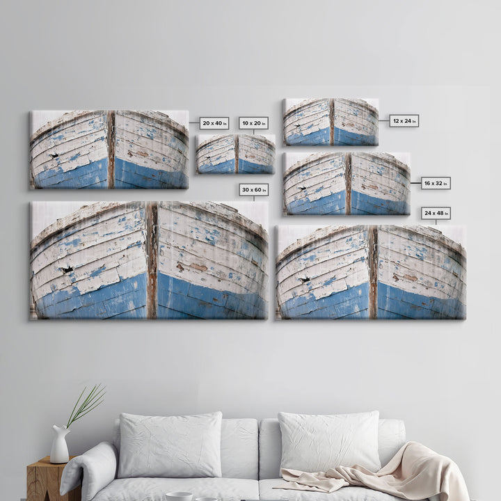 Photo Of An Old Wooden Boat With Peeling Paint, Framed Canvas Print, Nautical Wall Art, Lakehouse Decor