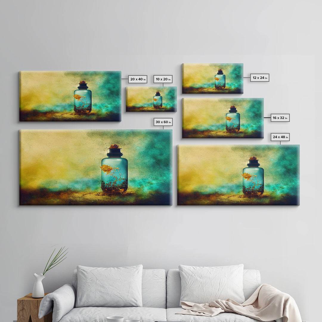 Mini world in a bottle, colorful miniature world art, framed canvas print, ready to hang framed wall art