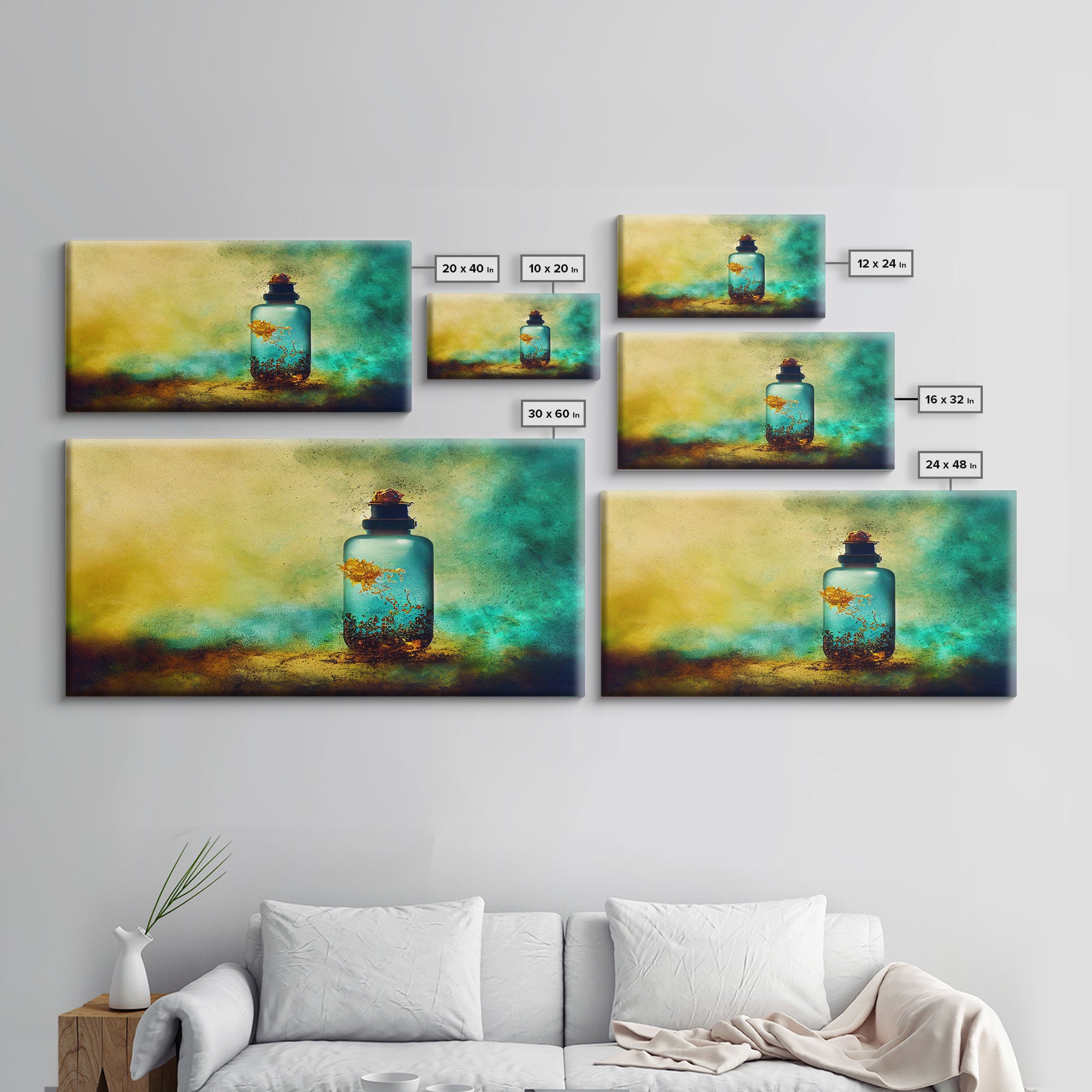 Mini world in a bottle, colorful miniature world art, framed canvas print, ready to hang framed wall art