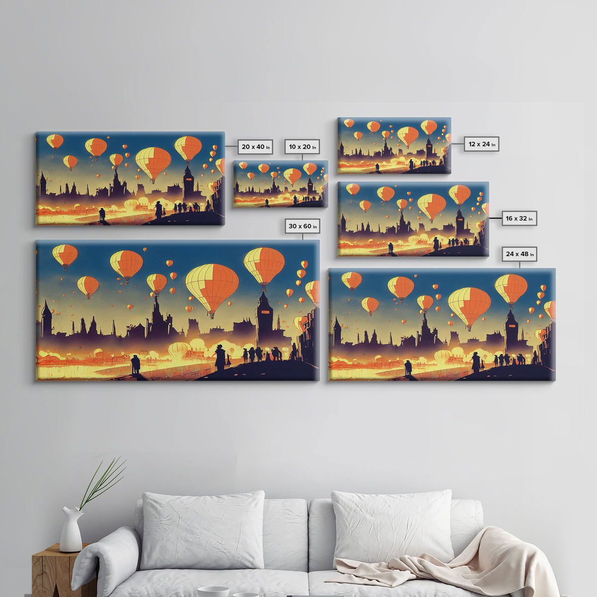 Flight of the balloons, hot air balloon armada, framed canvas print, ready to hang framed wall art