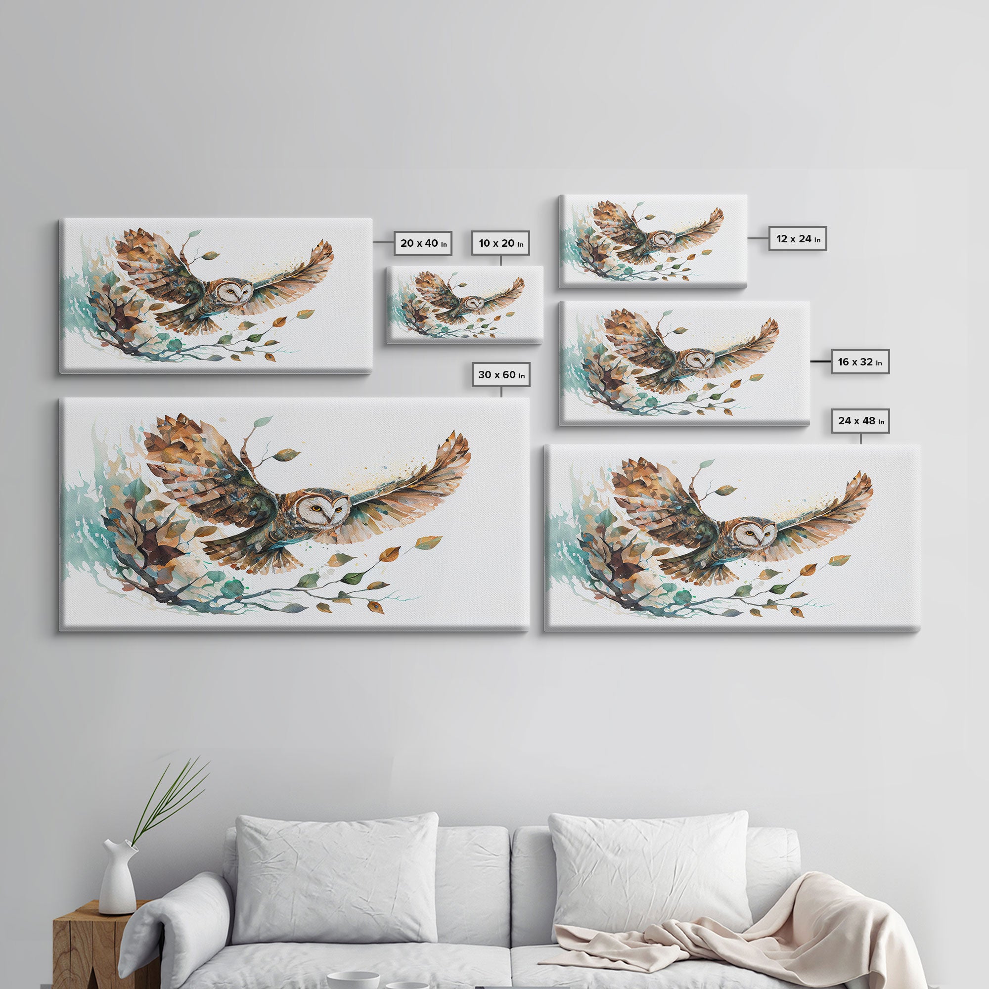 Flying owl with trees, leaves, forest double exposure, nature animal, owl illusion art, wrapped framed canvas print, office wall art