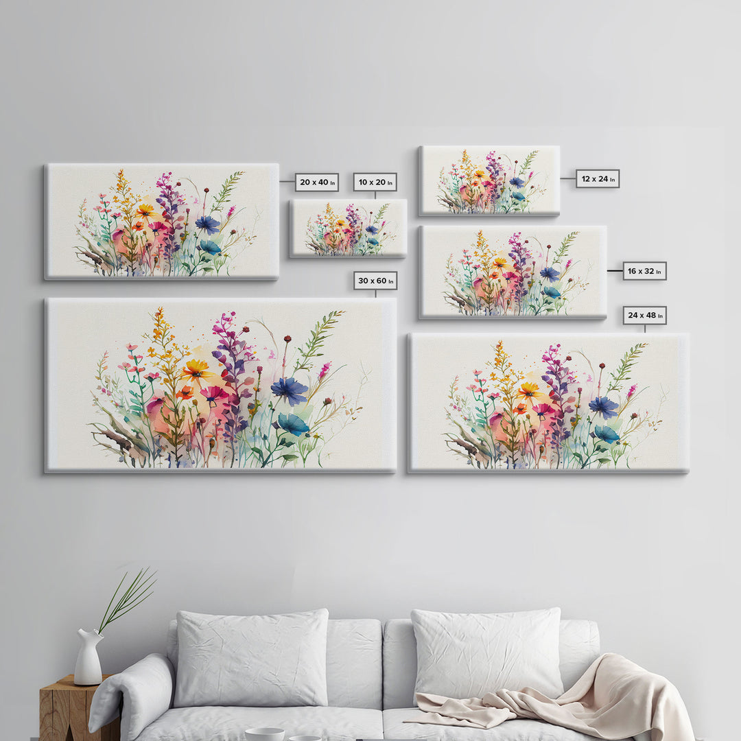 Wildflower Canvas Print, Watercolor Flowers, Farmhouse Decor, Meadow Grass, Bedroom Wall Decor, Pastel Colors, Botanical Greenery