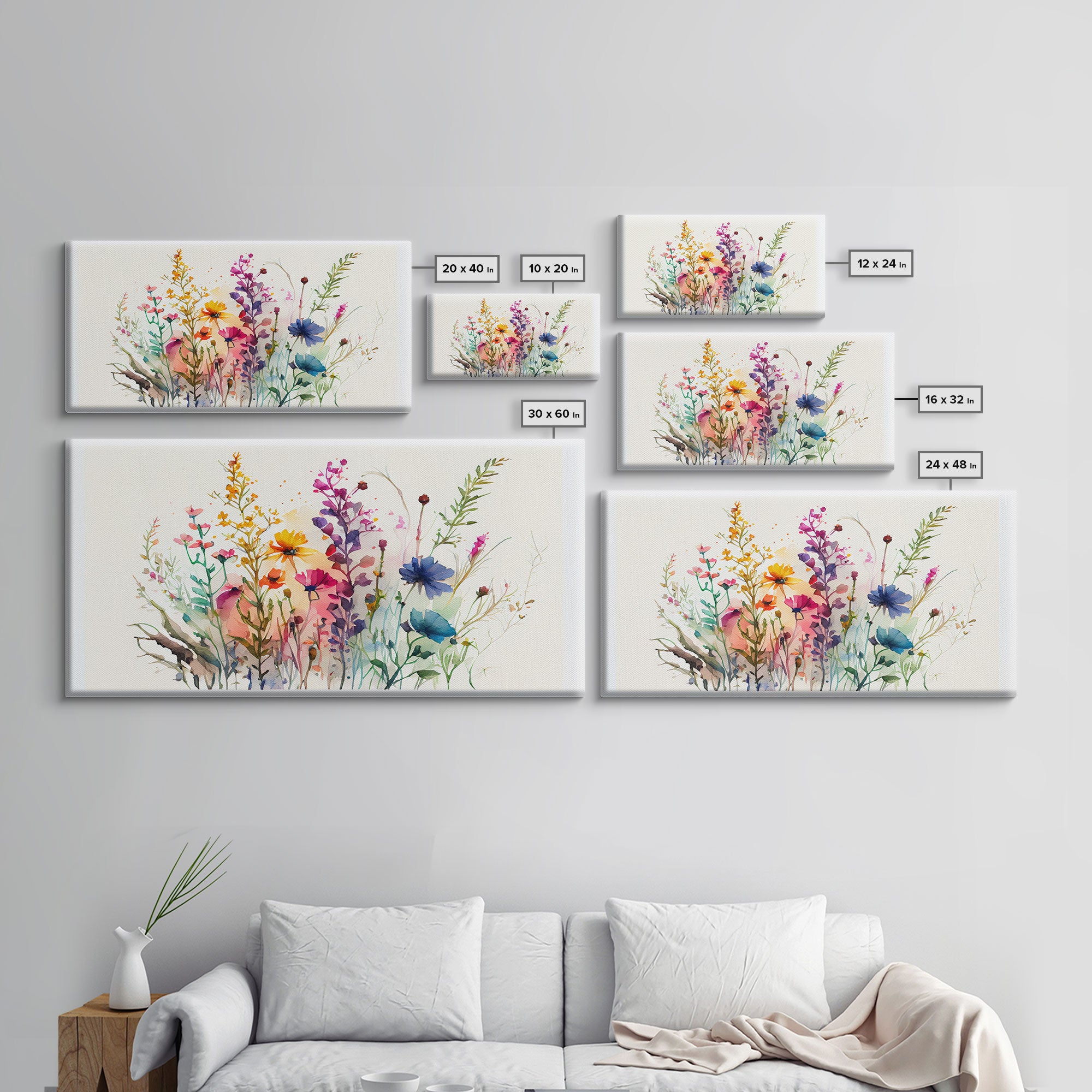 Wildflower Canvas Print, Watercolor Flowers, Farmhouse Decor, Meadow Grass, Bedroom Wall Decor, Pastel Colors, Botanical Greenery