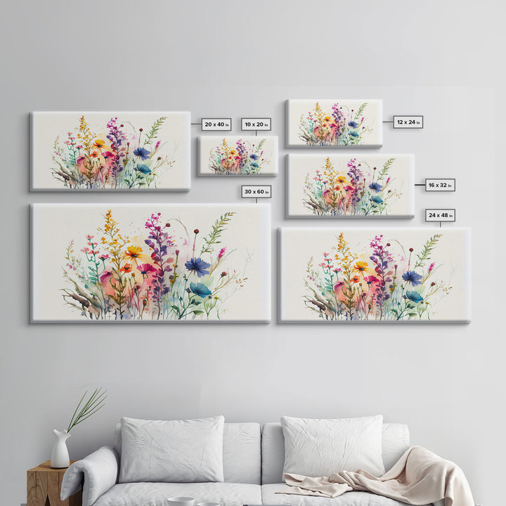 Wildflower Canvas Print, Watercolor Flowers, Farmhouse Decor, Meadow Grass, Bedroom Wall Decor, Pastel Colors, Botanical Greenery