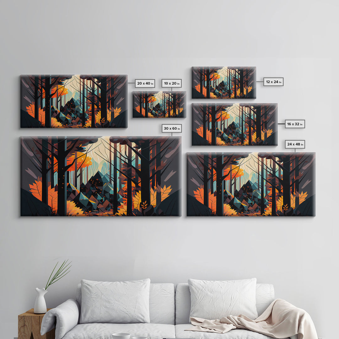 Forest fire seen through a kaleidoscope, framed canvas print, wall art
