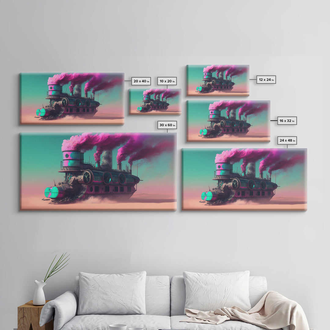Futuristic Steampunk / Cyberpunk Mashup Art, Steampunk Riverboat In A Desert, Framed Canvas Print, Scifi Wildwest Decor