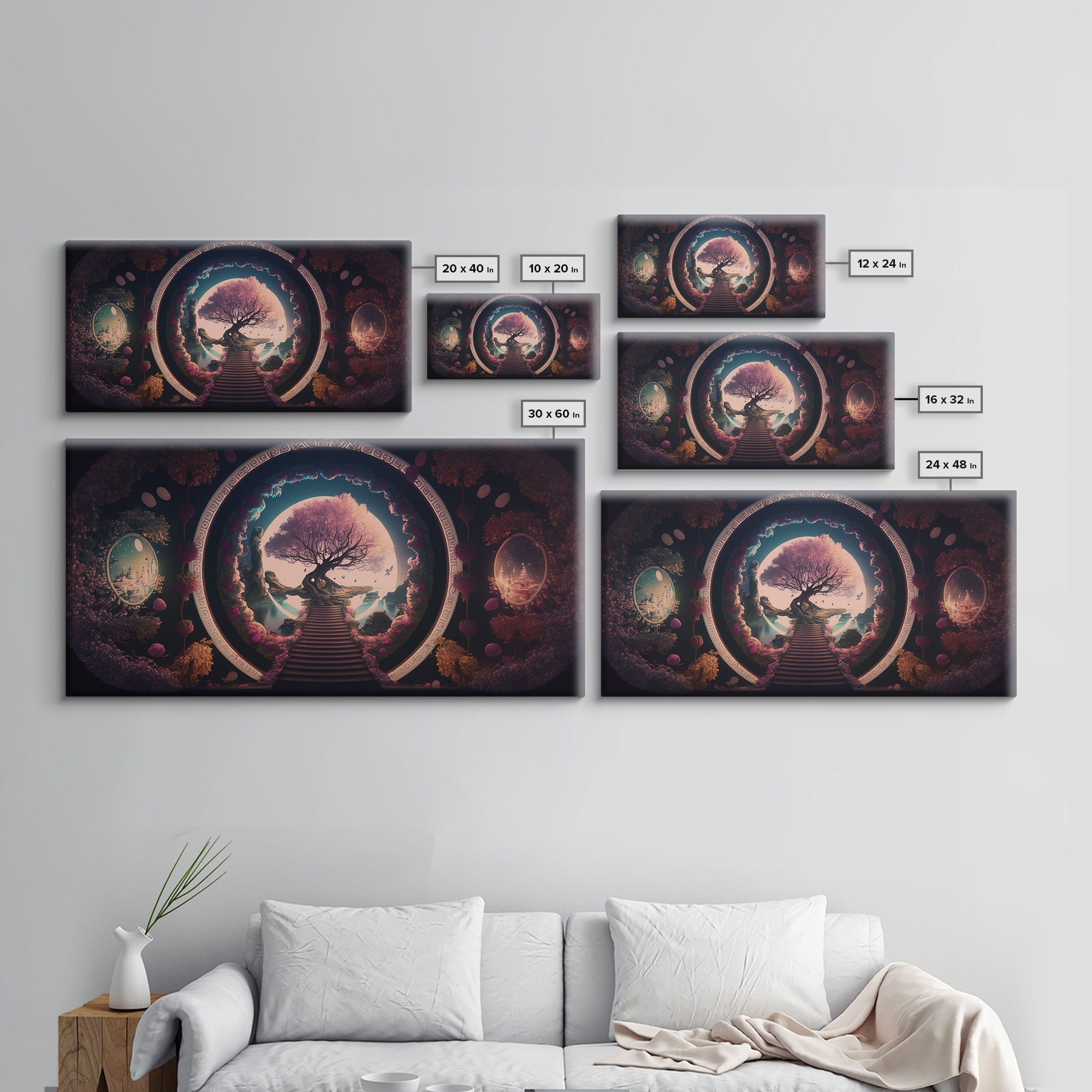Stairway to a magical forest, fantasy concept art, framed canvas print, colorful wall decor, portal to another world