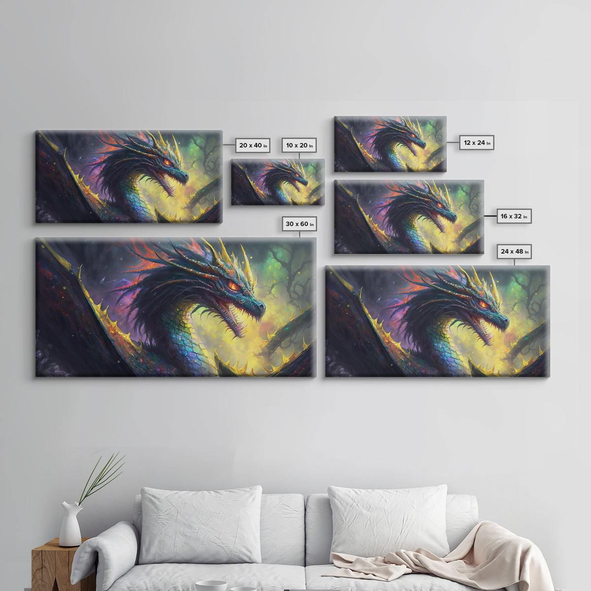 Psychedelic Fire Breathing Horned Dragon, Framed Canvas Print, Colorful Fantasy Wall Art, Videogame Concept Decor