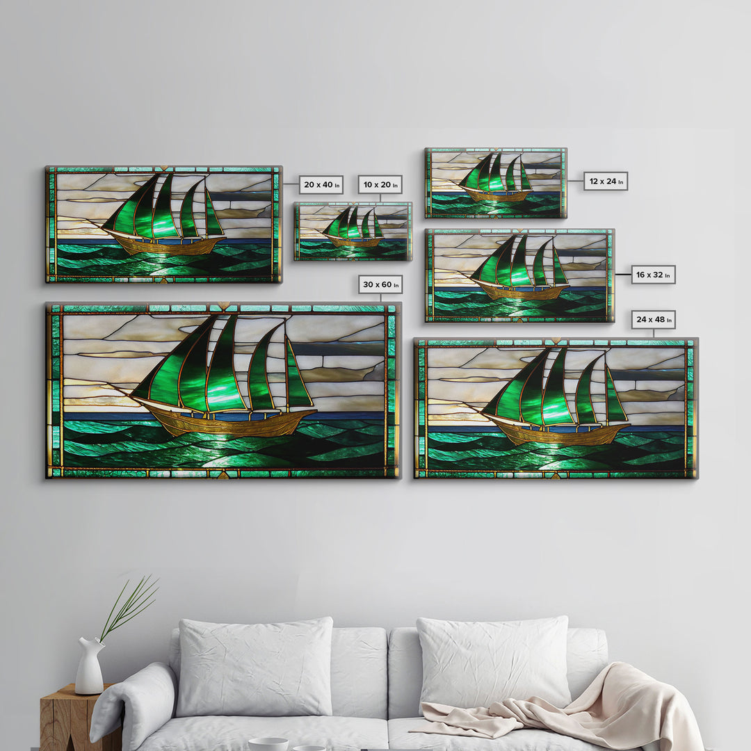 Emerald Green and Gold Art Deco Sail Boat, Framed Canvas Print, Retro MCM Style Wall Art, Midcentury Modern, Vintage Style, Stained Glass