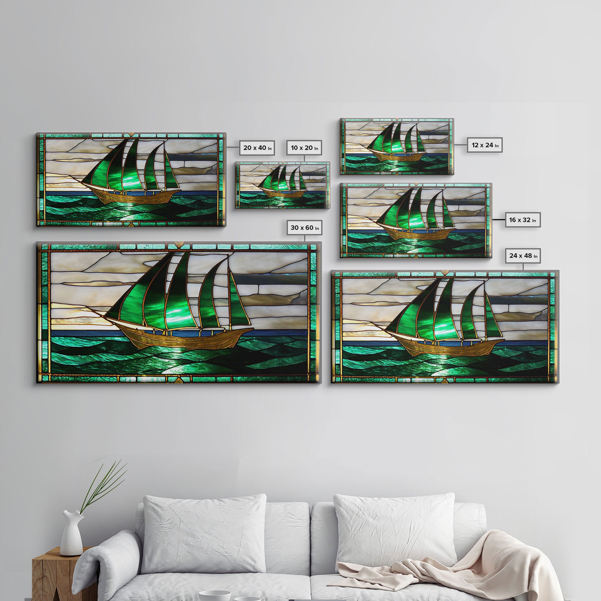 Emerald Green and Gold Art Deco Sail Boat, Framed Canvas Print, Retro MCM Style Wall Art, Midcentury Modern, Vintage Style, Stained Glass