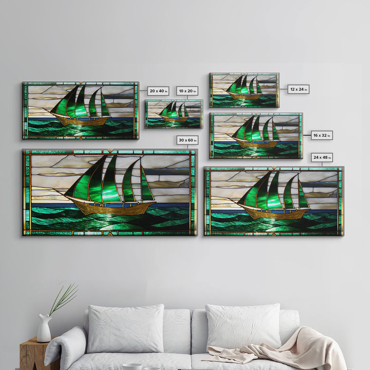 Emerald Green and Gold Art Deco Sail Boat, Framed Canvas Print, Retro MCM Style Wall Art, Midcentury Modern, Vintage Style, Stained Glass