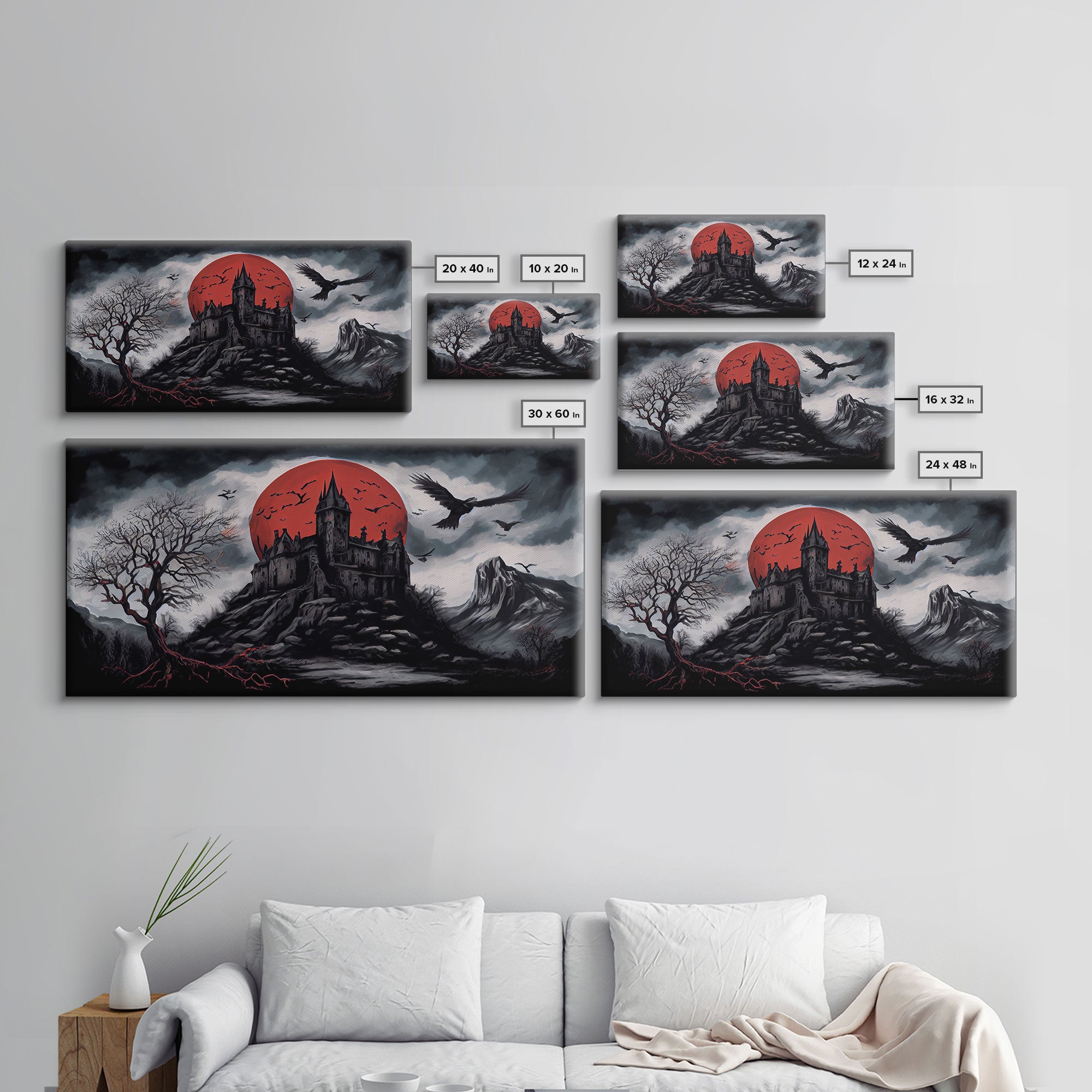 Horror Art, Haunted Castle and Blood Moon, Framed Canvas Print, Goth Art, Gothic Decor, Cool Wall Art
