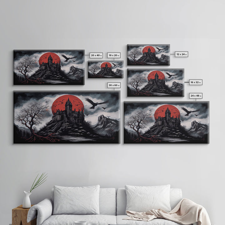 Horror Art, Haunted Castle and Blood Moon, Framed Canvas Print, Goth Art, Gothic Decor, Cool Wall Art