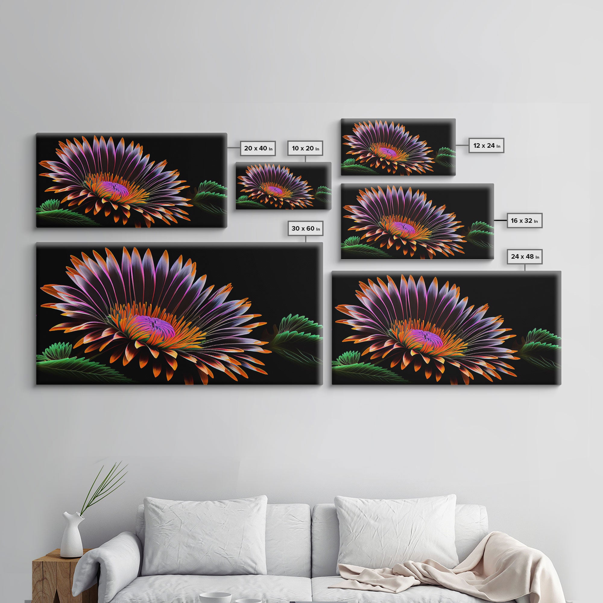 Neon Flowers Wall Art, Framed Canvas Print, Original Flower Painting, Mother's Day Gift, Floral Decor, Black Background Flower Art
