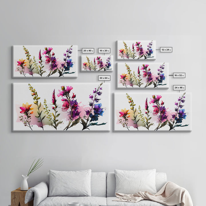 Colorful Wild Flowers On White Background, Framed Canvas Print, Watercolor Wall Art, Wall Decor, Floral Art, Pink Flowers, Mother's Day