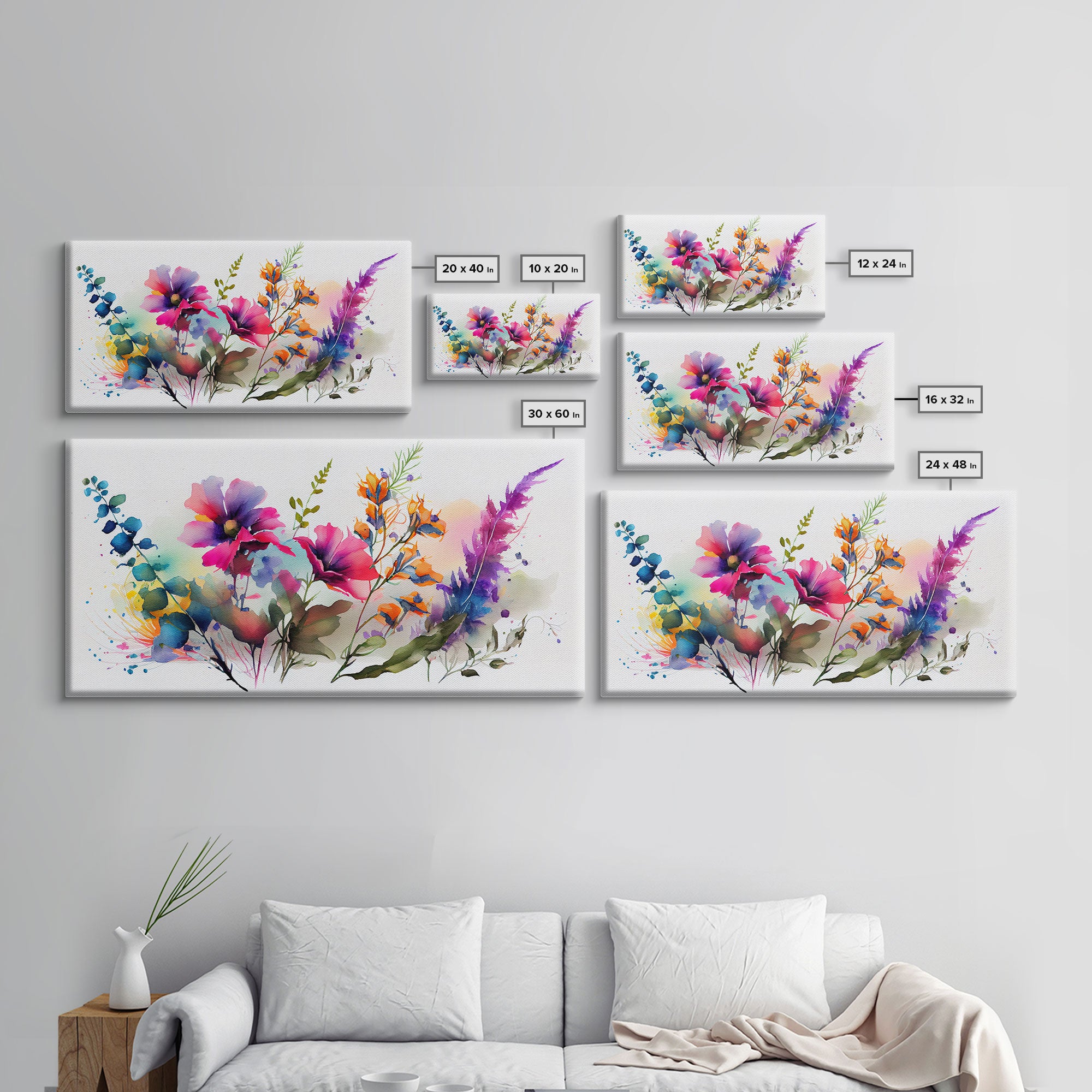 Pink Wild Flowers Wall Art, Framed Canvas Print, Mother's Day, Gift For Mom, Farmhouse Decor, Rustic Watercolor Painting White Background