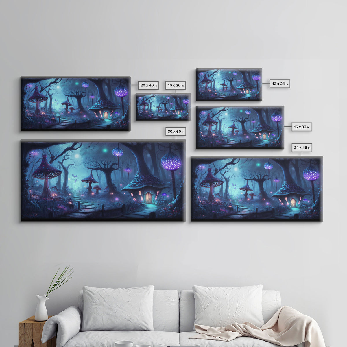 Magical Mushroom Fantasy Forest Wall Art, Framed Canvas Print, Game Room Art, Fantasy Decor
