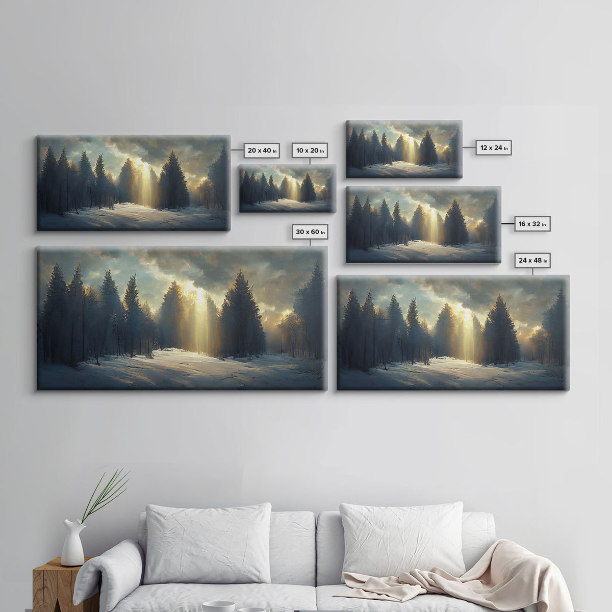Snowy Forest Canvas Print, Scenic nature landscape, winter art, sunlight shining through the trees, Framed Wall Art