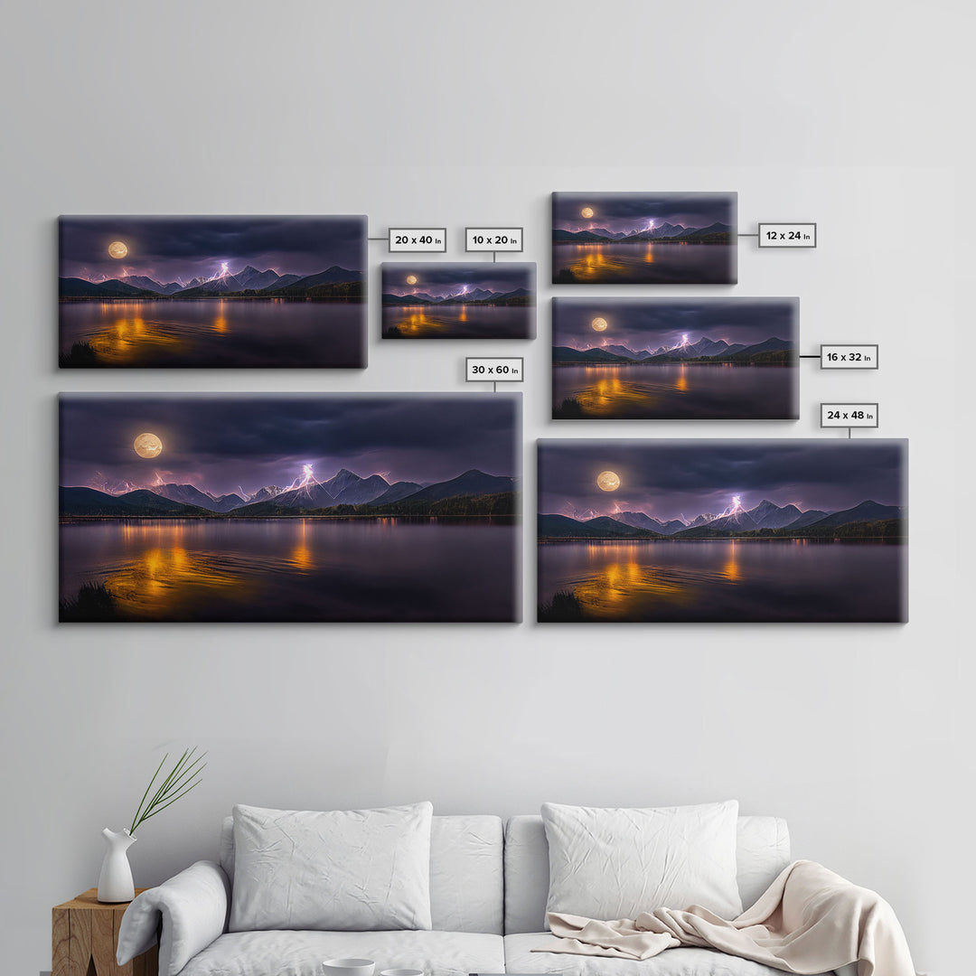 Full moon canvas print, Lightning storm over a mountain lake at night, cool wall art, awesome wall art