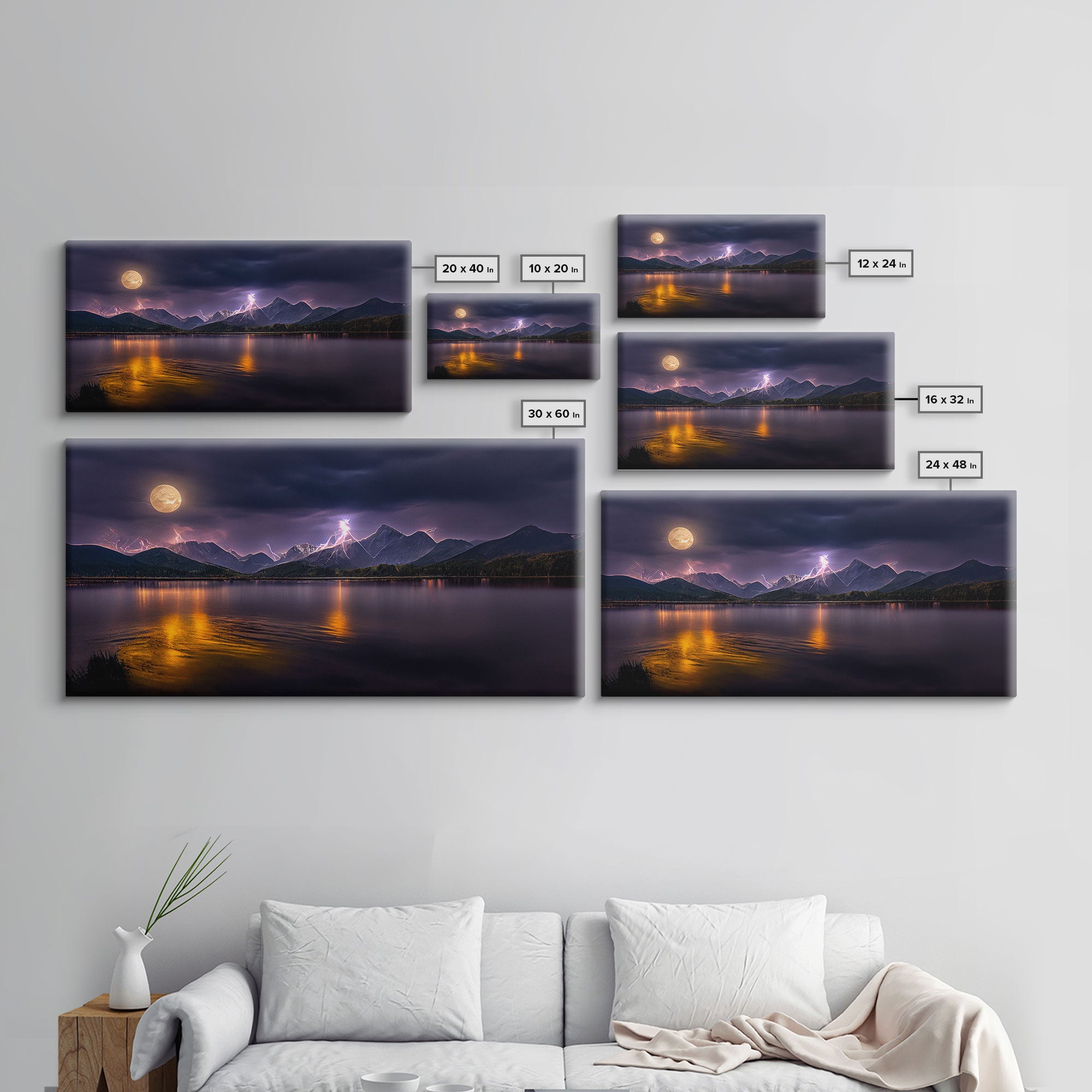 Full moon canvas print, Lightning storm over a mountain lake at night, cool wall art, awesome wall art