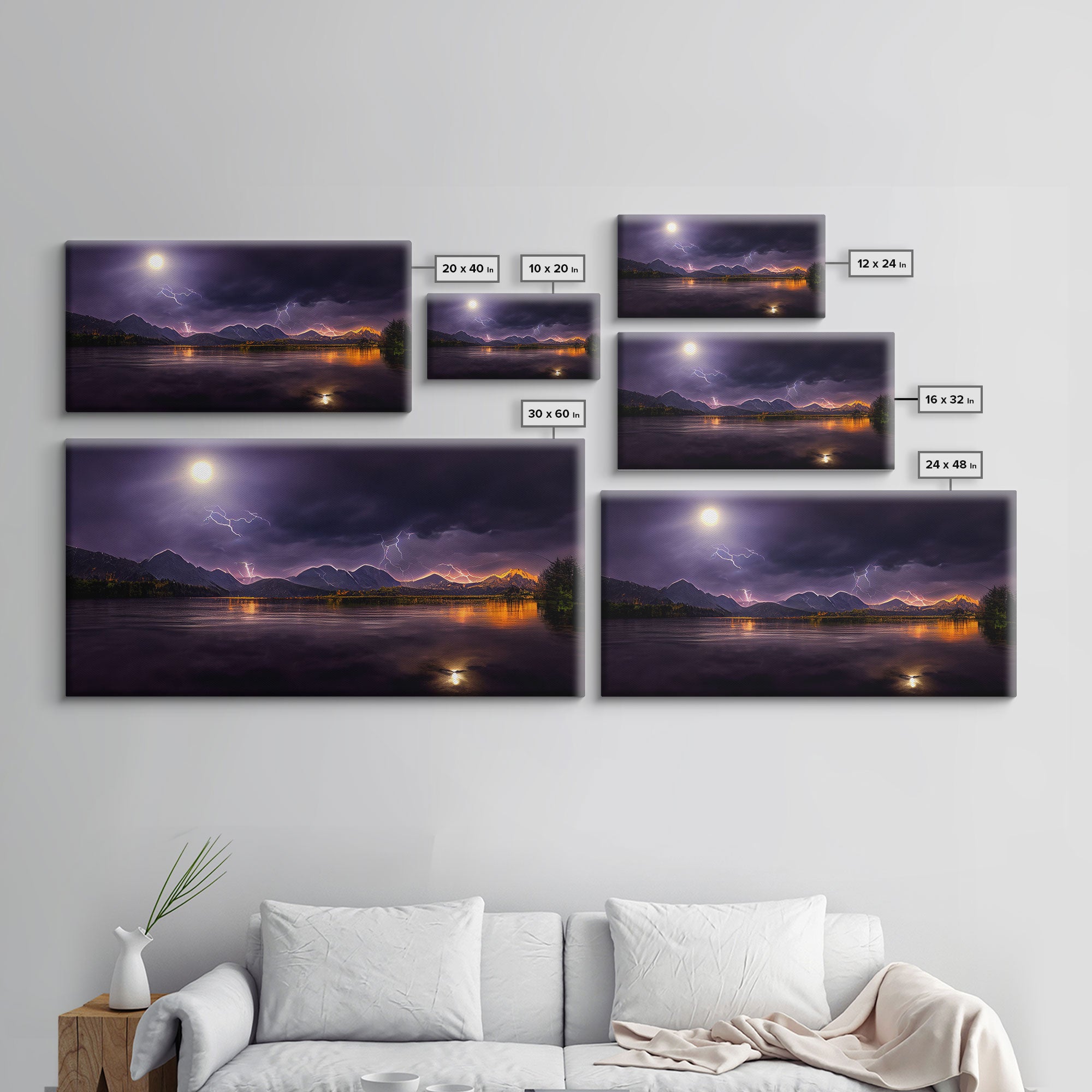 Full moon canvas print, Lightning storm over a mountain lake at night, cool wall art, awesome wall art