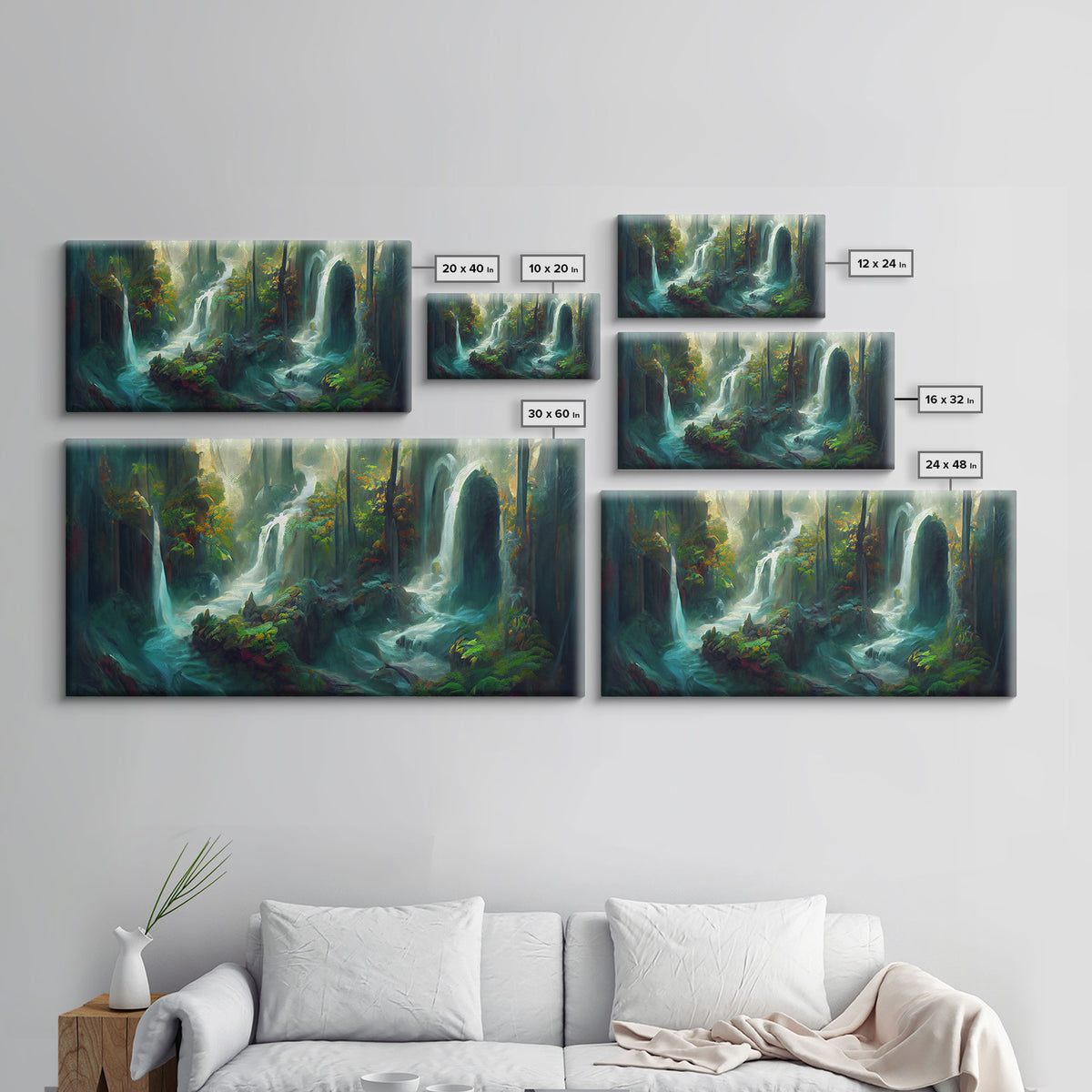Waterfall wall art, canvas print, giclee, fantasy wall art, water color, nature wall decor, water landscape art, serenity art