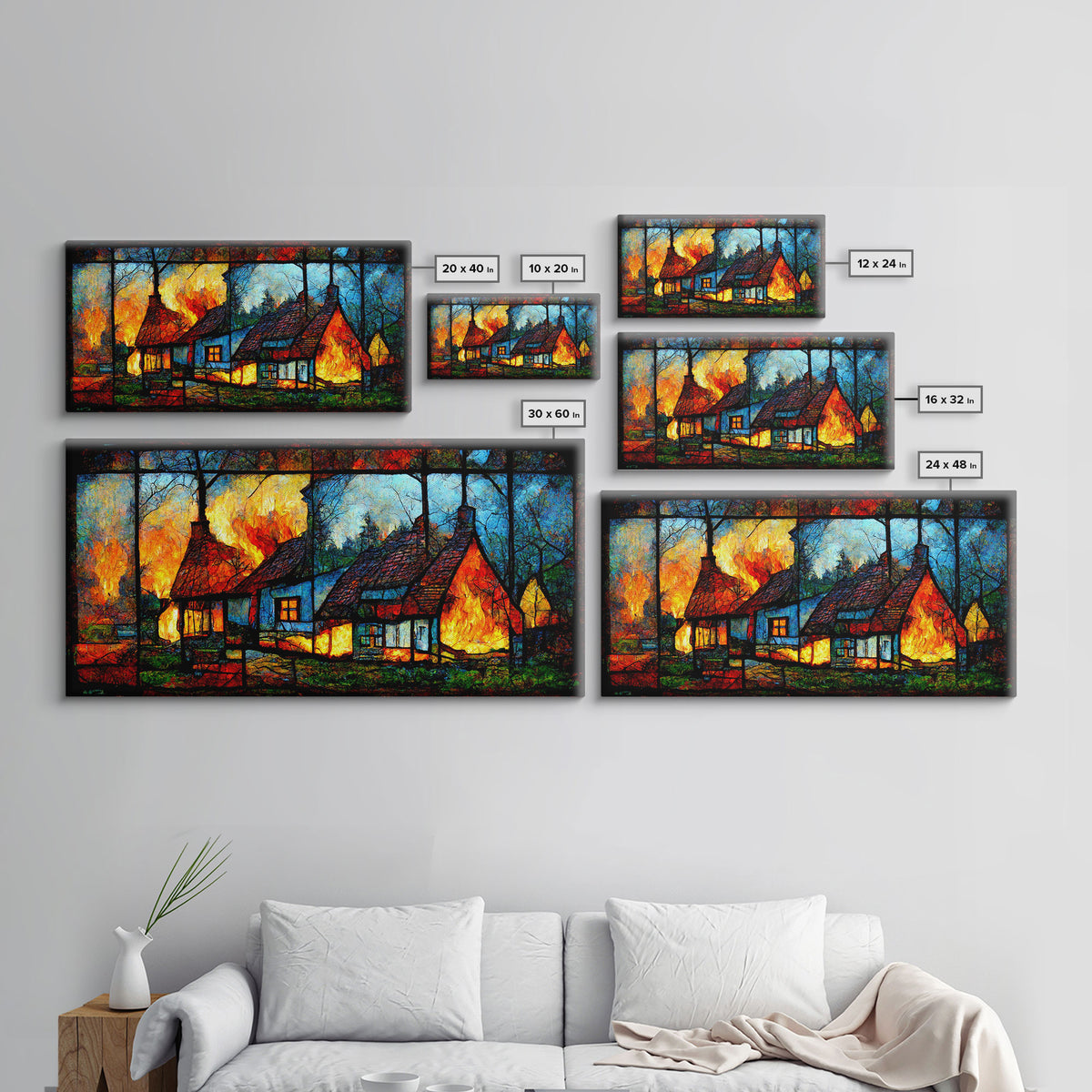 Stained Glass Cottage On Fire, Canvas print, negative art, house on fire depicted in stain glass, cool wall art