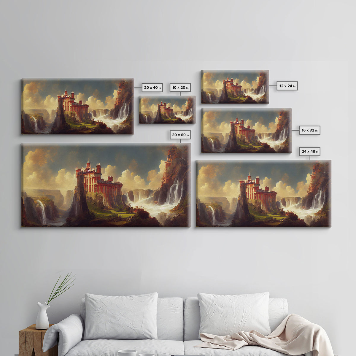 Fantasy wall art, canvas print, castle in the sky, castle atop mountains and waterfalls, watercolor